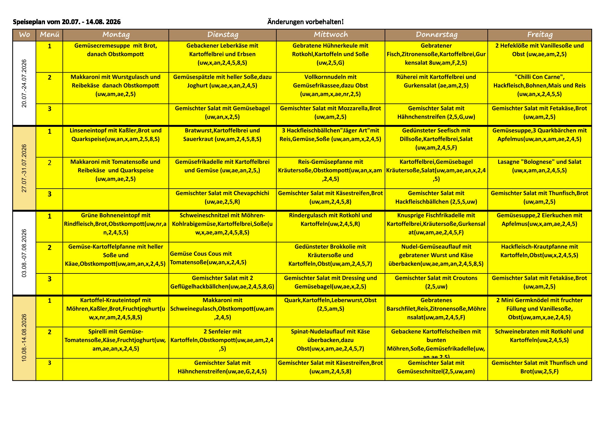 Speiseplan Juli/August 2026