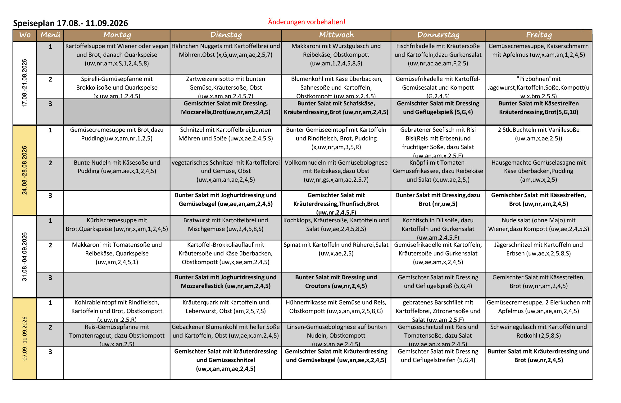 Speiseplan August/September 2026