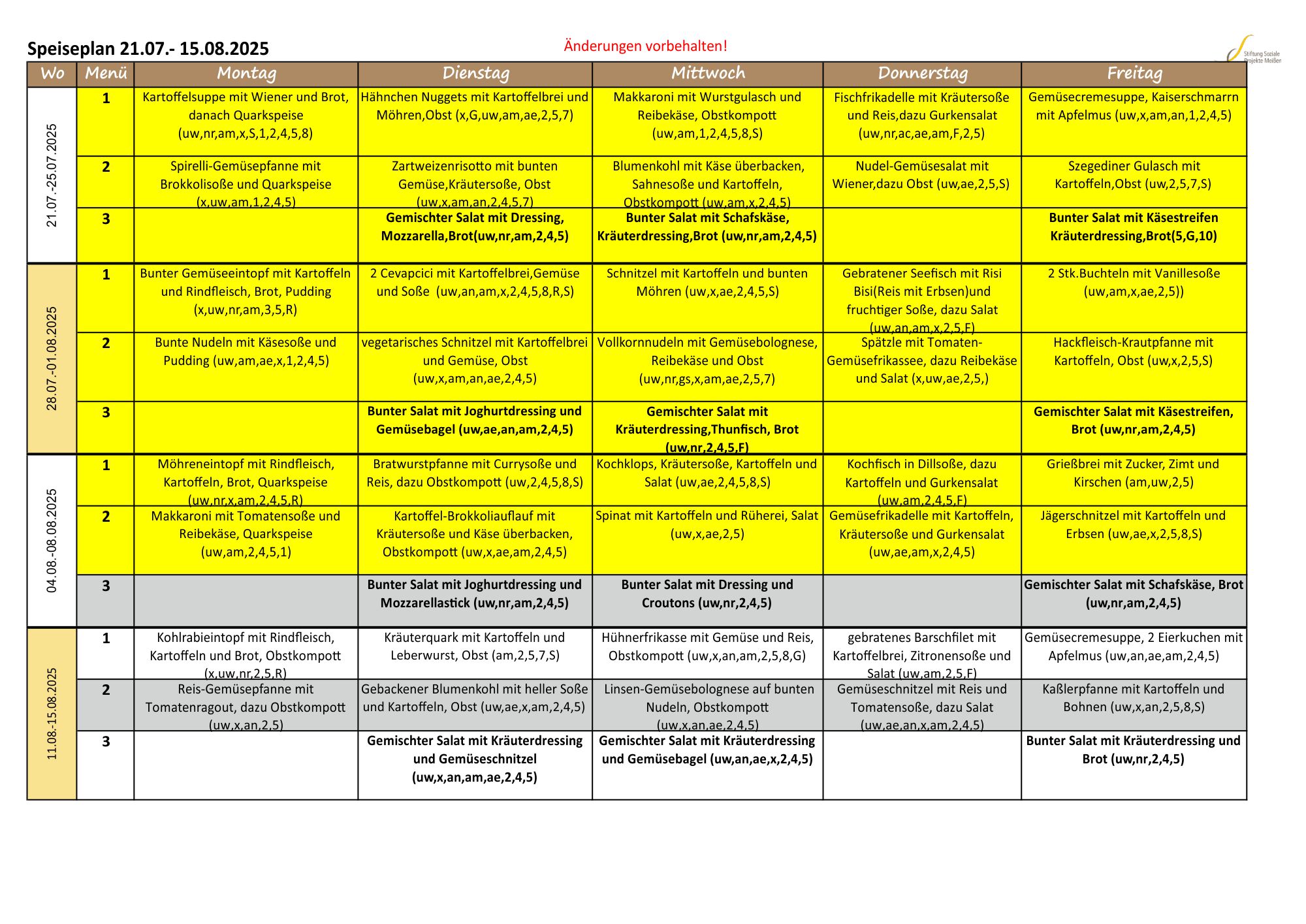 Speiseplan August 2025