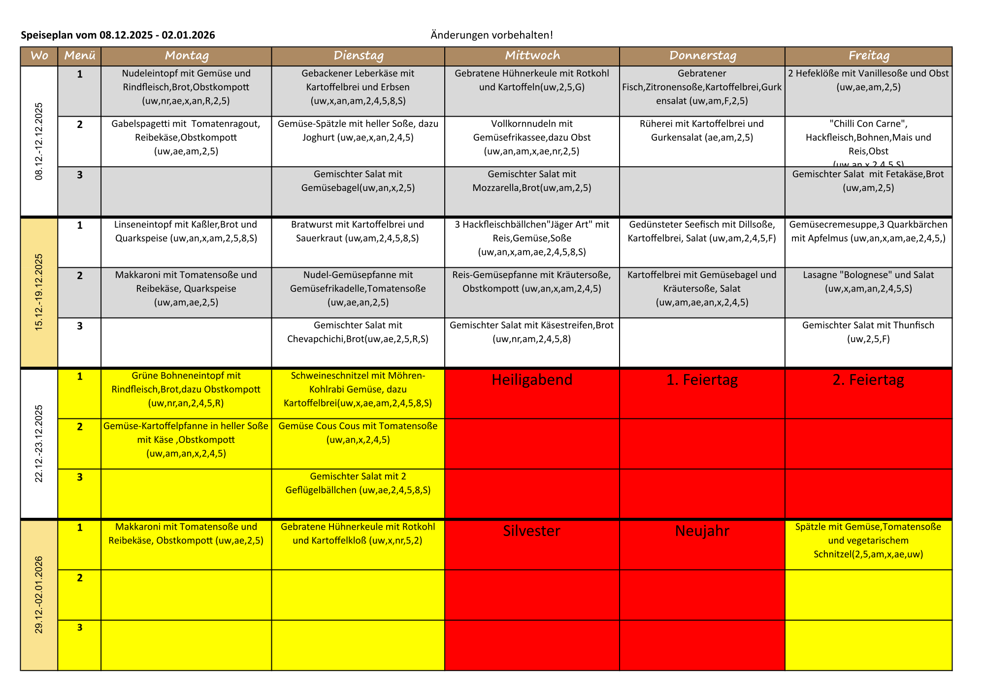 Speiseplan Dezember 2025