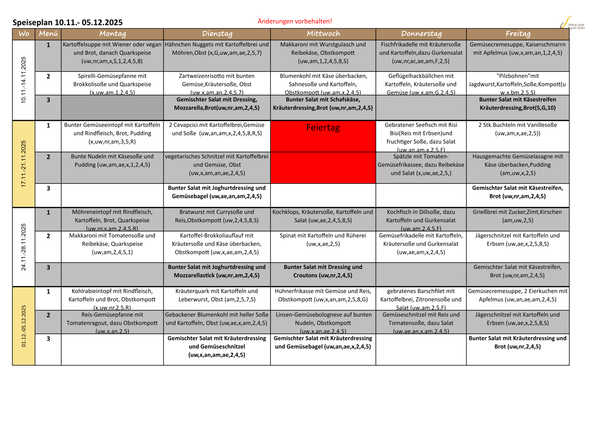 Speiseplan November/Dezember 2025