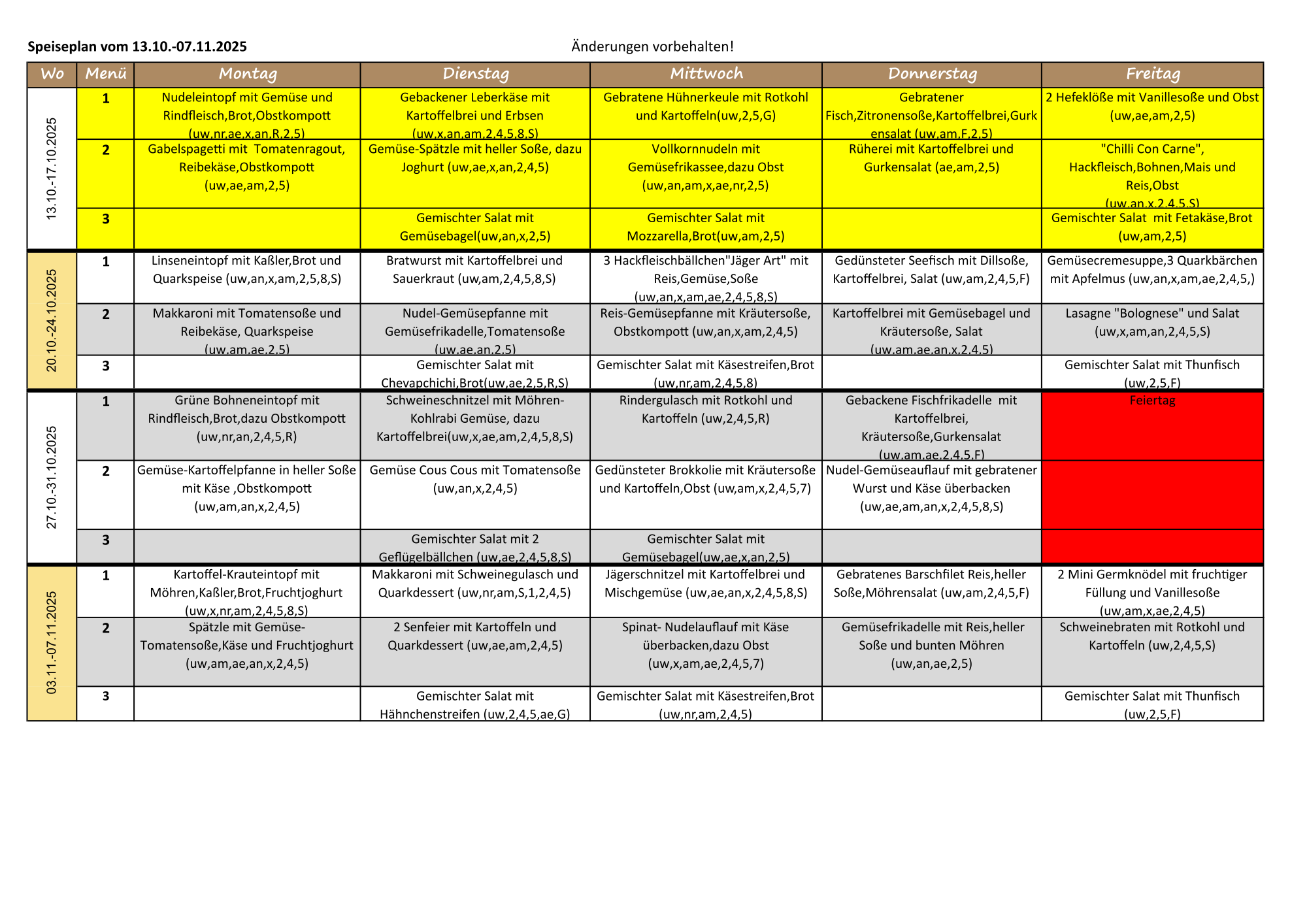 Speiseplan Oktober/November 2025